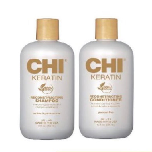 CHI KERATIN komplekts: šampūms matu atjaunošanai+kondicionieris 355ml.