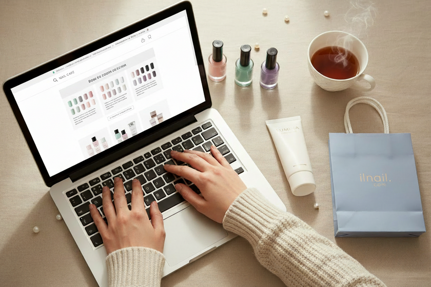 Person using a laptop with skincare products on a table